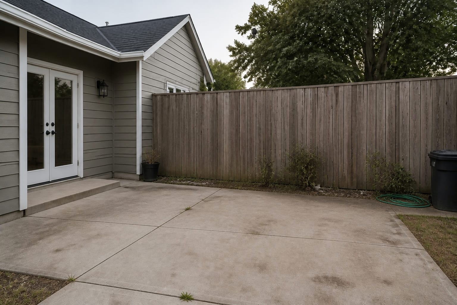 A bare concrete backyard patio with no furniture or shade
