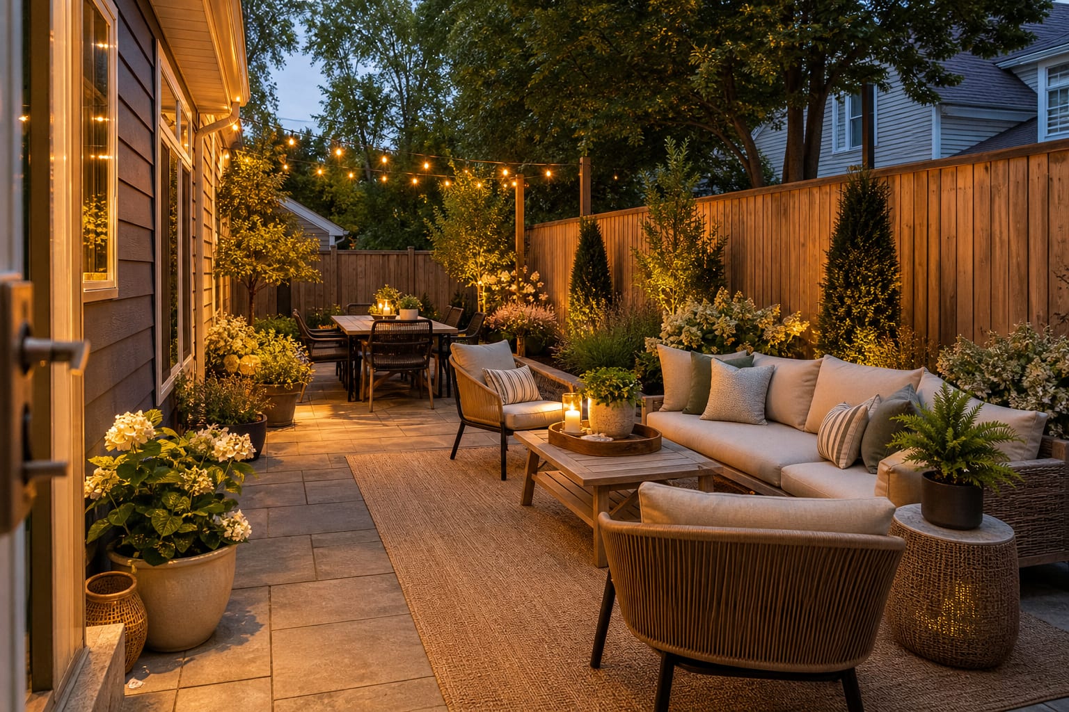 same patio angle with umbrella shade, coordinated outdoor furniture, potted plants, a defined rug, and layered lights after sunset.