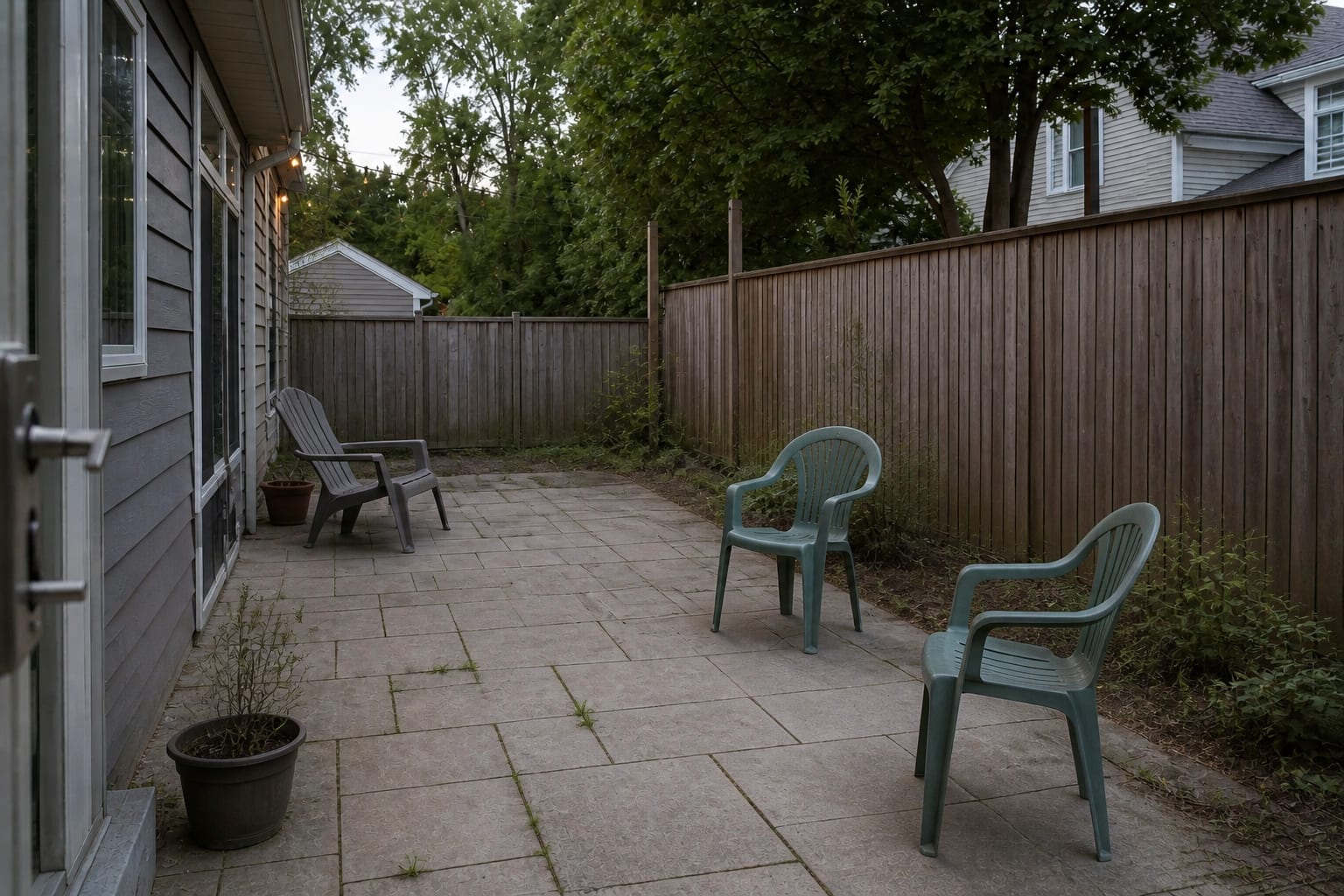 under designed patio with scattered chairs, exposed paving, no shade, and no clear dining or lounge zone for summer use.
