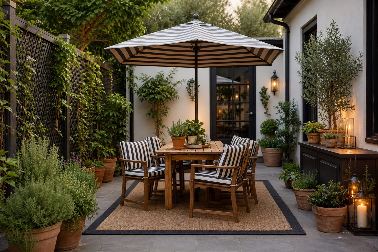 summer patio with striped cushions, umbrella shade, potted herbs, outdoor rug, and warm string lights around a compact dining area