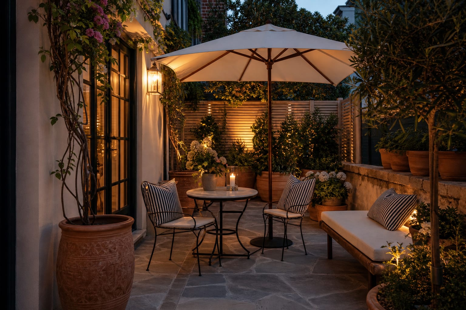 compact summer patio with bistro table, pale umbrella, terra cotta planters, striped pillows, and layered warm lights at dusk