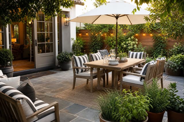 summer patio with striped cushions, umbrella shade, potted herbs, outdoor rug, and warm string lights around a compact dining area