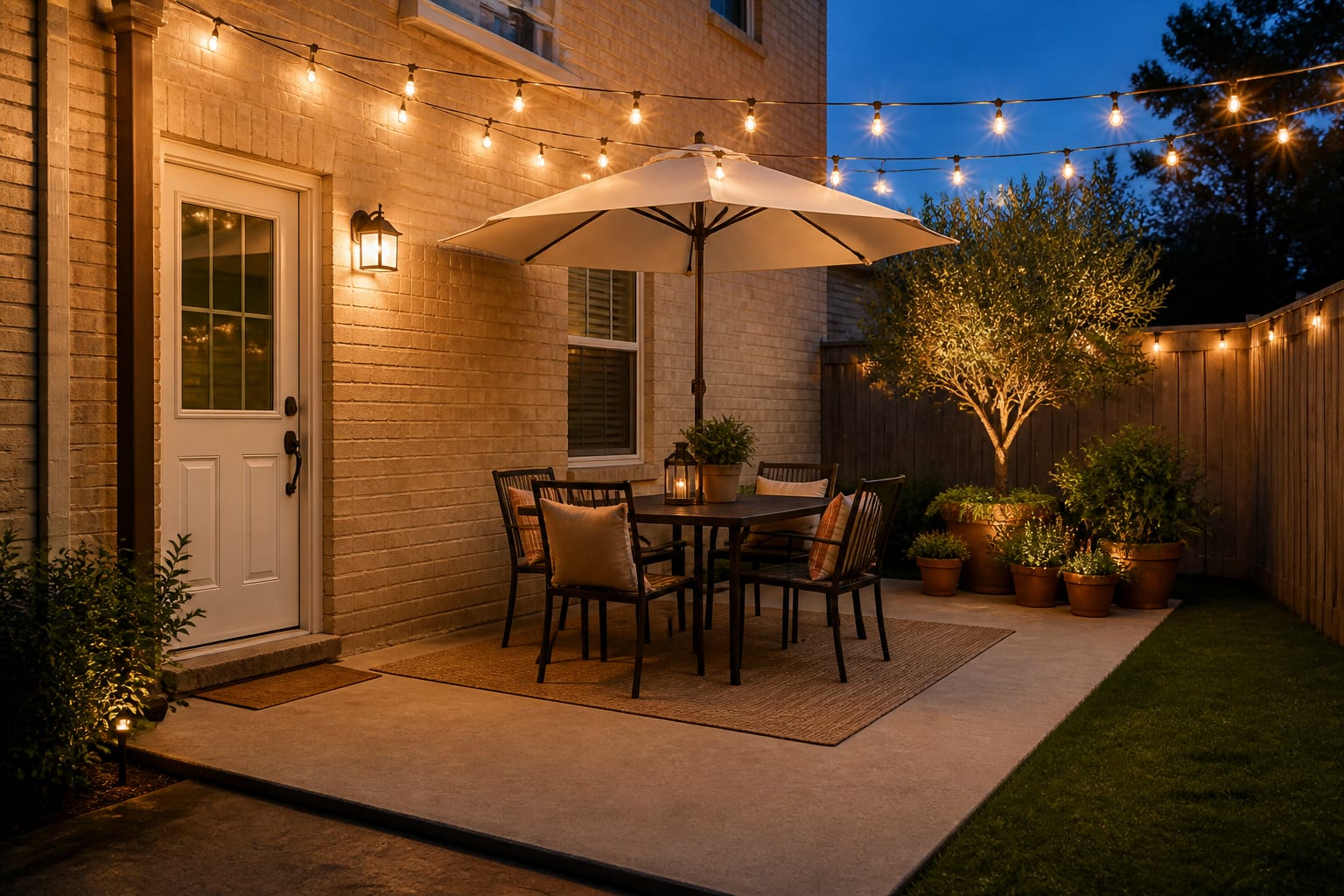 The same patio styled for summer with a market umbrella, cafe lights, outdoor rug, and potted plants