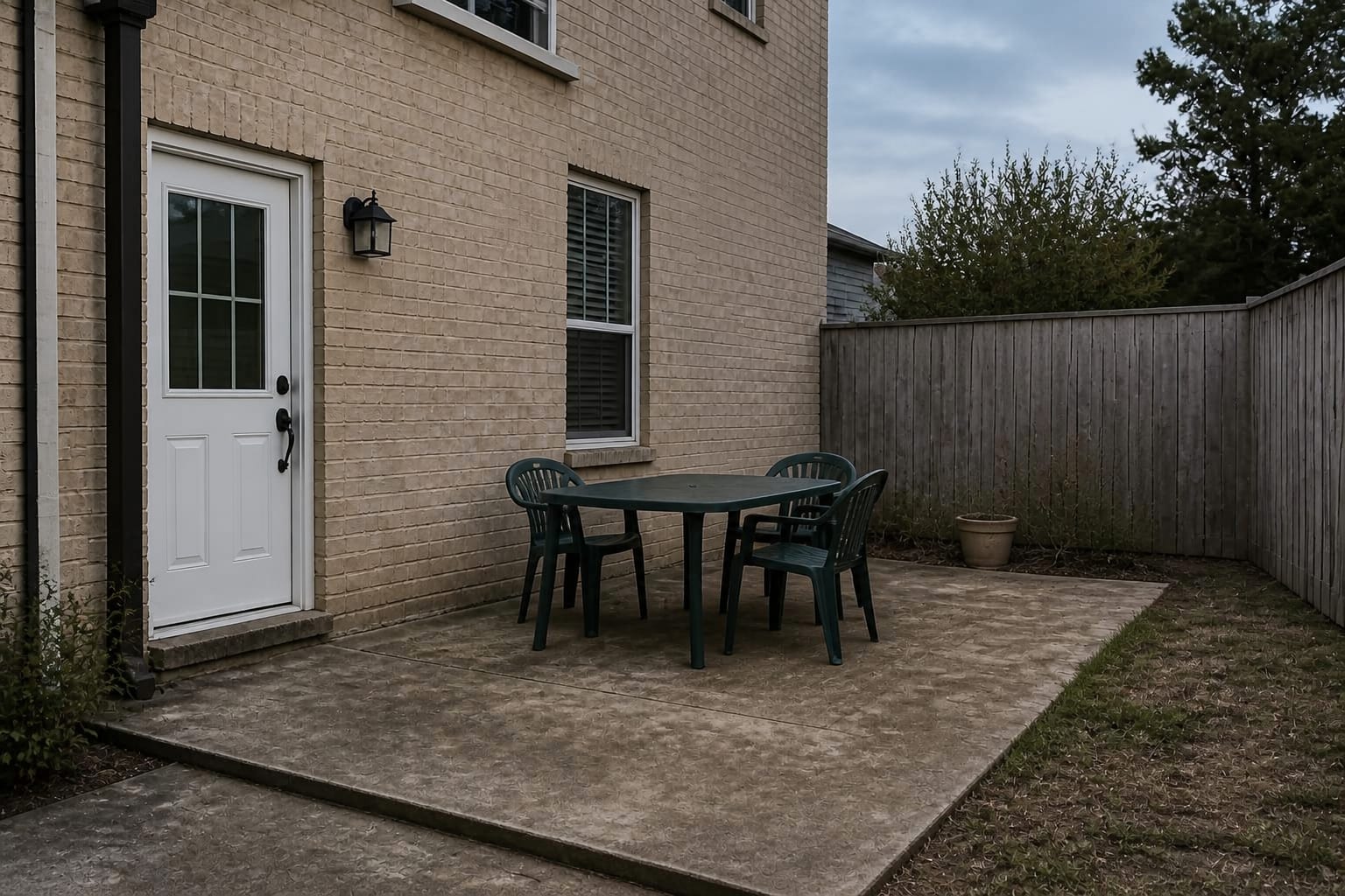 Bare concrete patio with a plain table and chairs and no shade or greenery