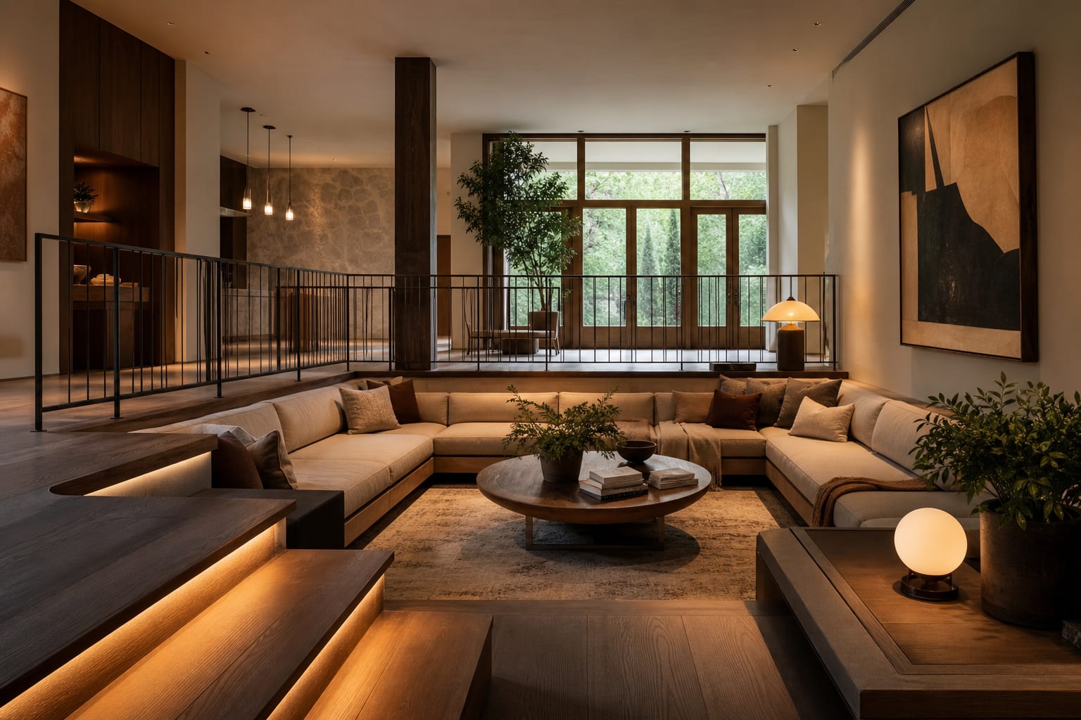 sunken living room with low sectional seating, visible step lighting, pale rug, and open railing in a renovated home