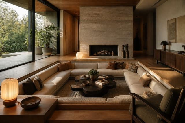 Editorial interior photograph showing sunken living room ideas: how to design a step-down conversation pit in a real living room, with mid-century modern materials, layered warm lighting, styled furniture, and a magazine-quality residential composition.