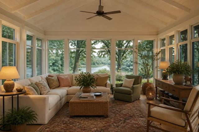Editorial interior photograph showing sunroom ideas to make the brightest room work year-round in a real sunroom, with warm residential materials, layered lighting, functional furniture placement, and a magazine-quality composition.