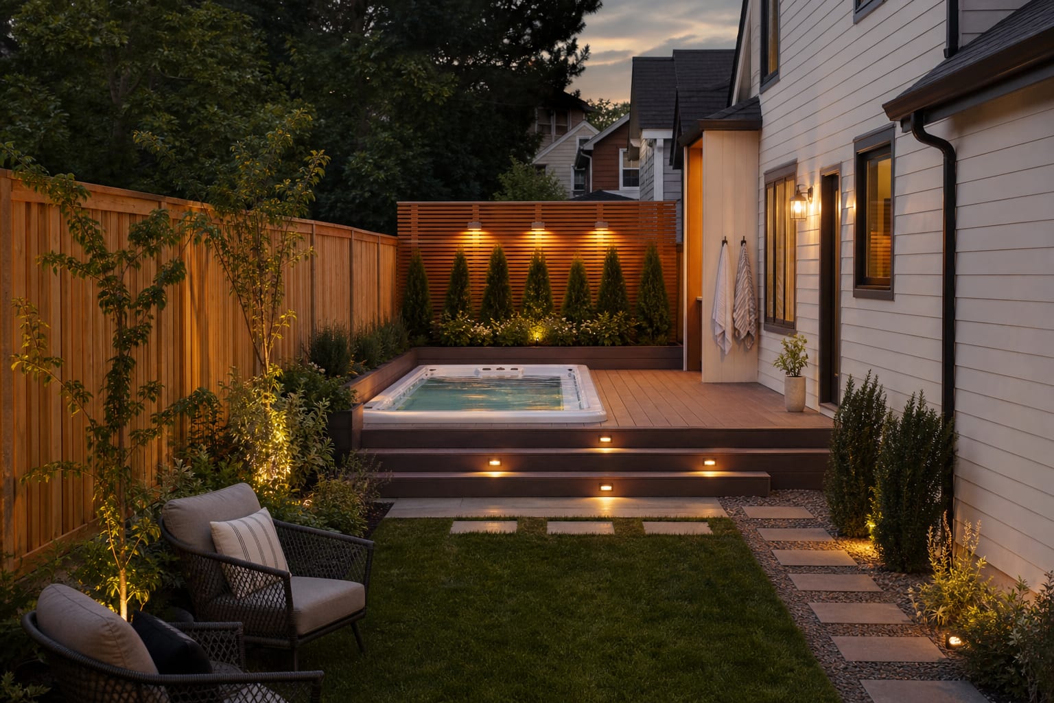 same backyard with a recessed swim spa, low composite deck, cedar privacy screen, layered grasses, step lights, and a clear service path.