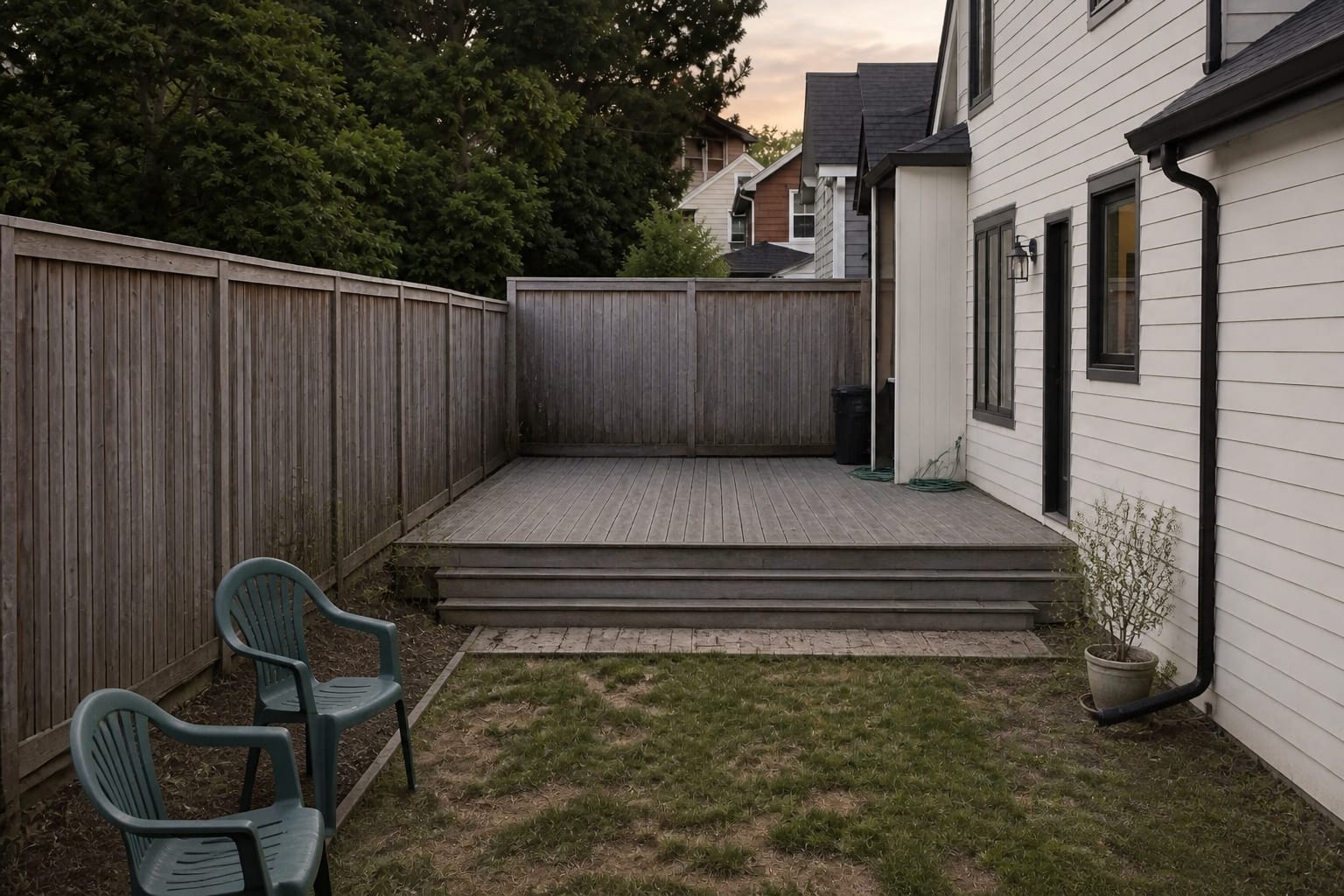 narrow backyard with patchy lawn, a plain fence, scattered patio chairs, and no defined place for a compact swim spa installation.