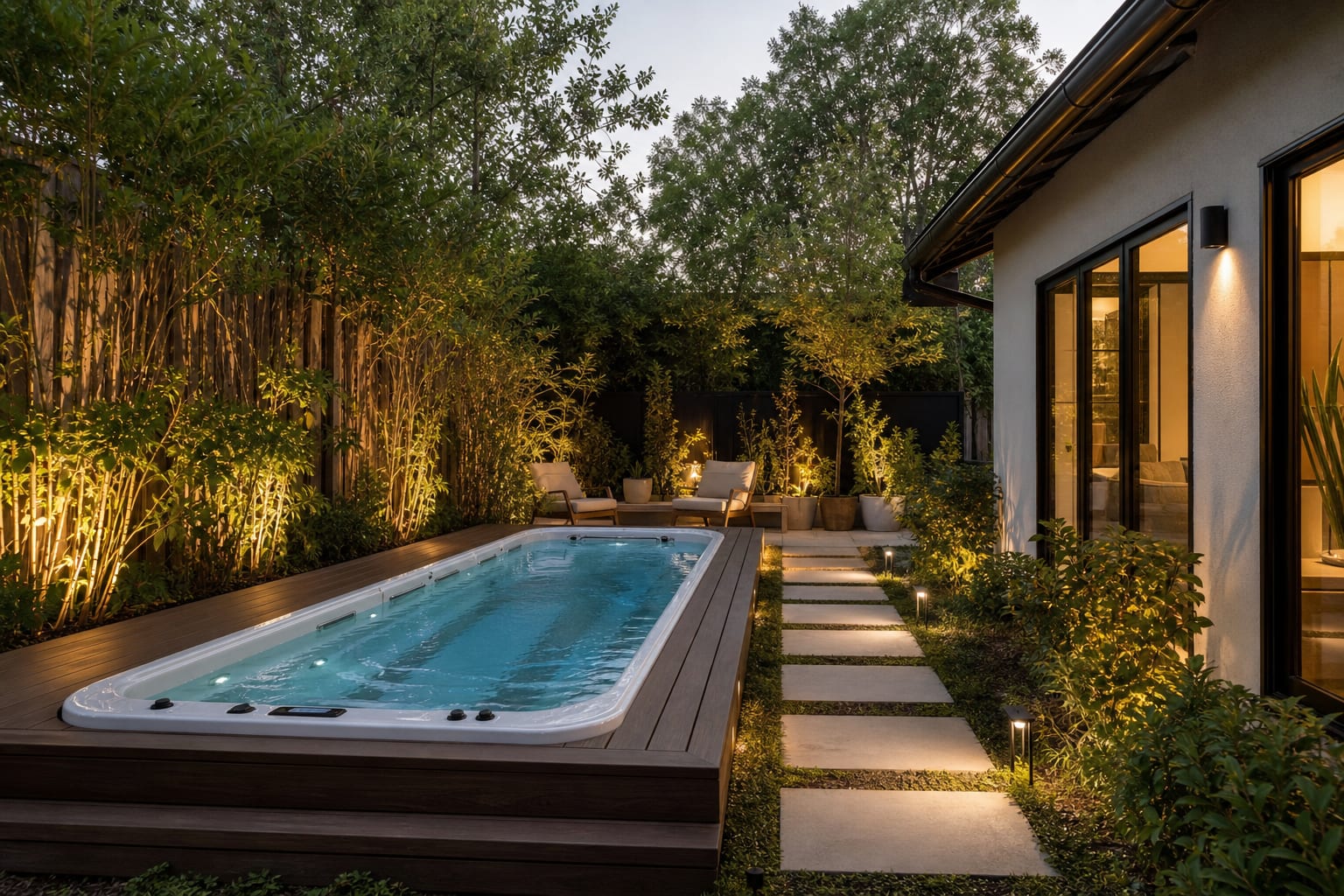 compact backyard swim spa recessed into a low deck with privacy planting, warm lighting, and a clear path from the house
