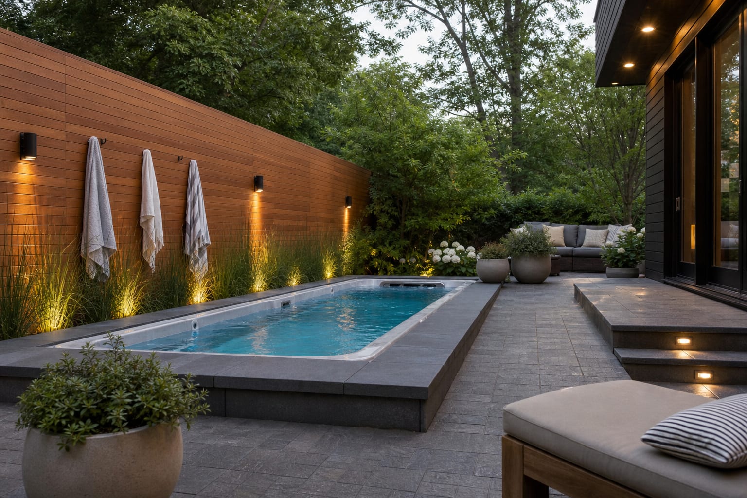 partially recessed swim spa beside a cedar screen with textured pavers, towel hooks, and warm step lights