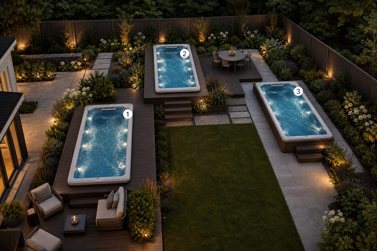 AI-style backyard concept showing three swim spa placement options with deck, planting, and service clearance visible