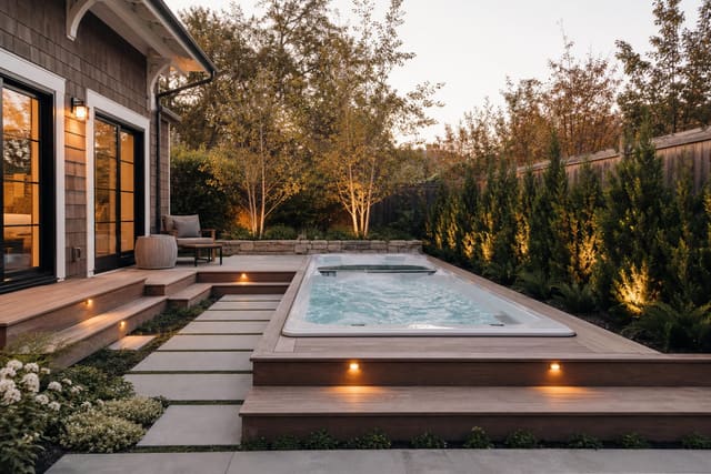 compact backyard swim spa recessed into a low deck with privacy planting, warm lighting, and a clear path from the house