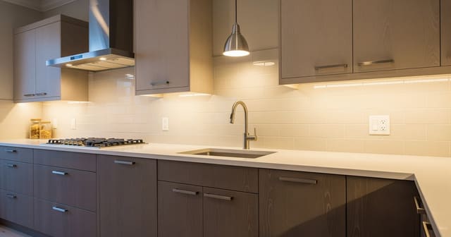 A kitchen with under-cabinet LED strips, a range hood with warm LEDs, and a sink pendant