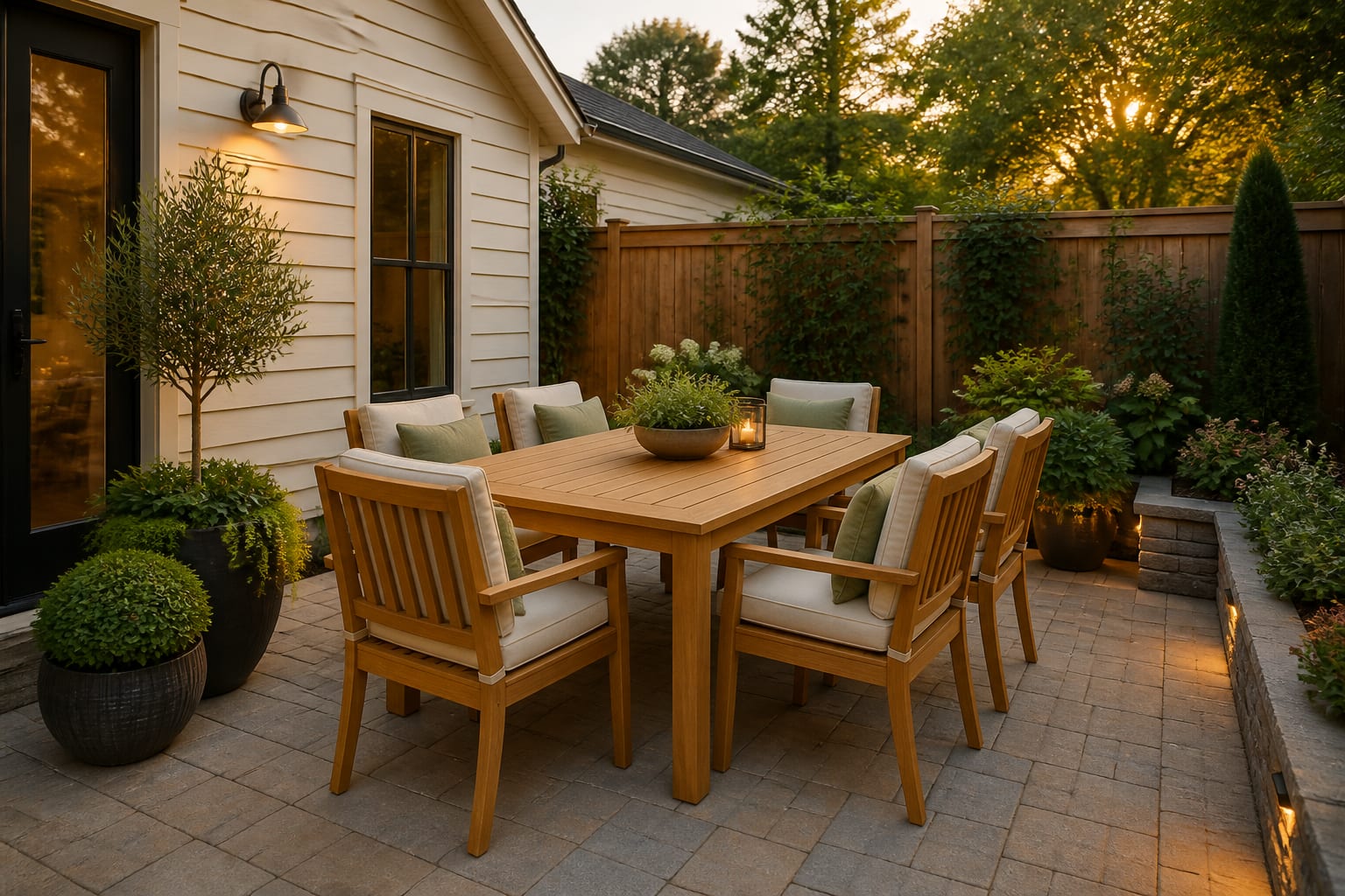 The same teak patio dining set restored to a warm honey color, dressed with plush cushions on a clean, styled patio