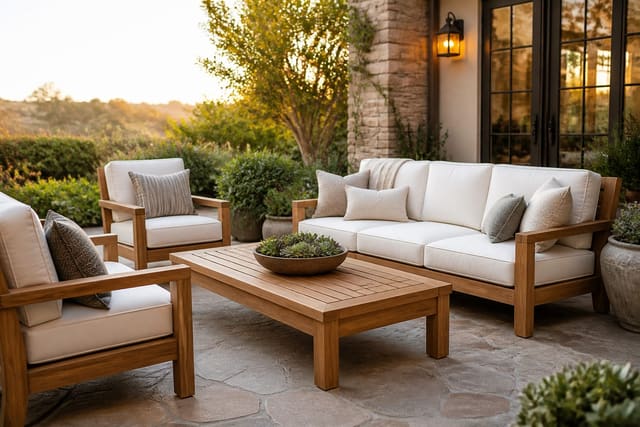 Teak Outdoor Furniture Guide: Caring for the Best Patio Wood, shown as warm editorial Re-Design photography of a warm editorial patio outdoor scene with believable residential scale, no overlaid text, no watermark