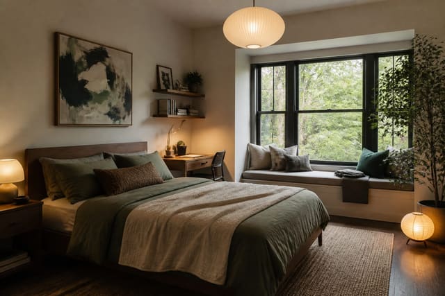 Editorial interior photograph showing teen bedroom ideas in a real teen bedroom, with quiet bedroom-planning materials, layered warm lighting, functional furniture placement, and a magazine-quality residential composition.