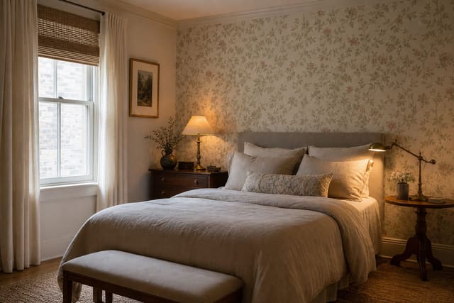 soft patterned removable wallpaper behind a bed with linen bedding, brass lamp, and clean painted trim in a rental bedroom