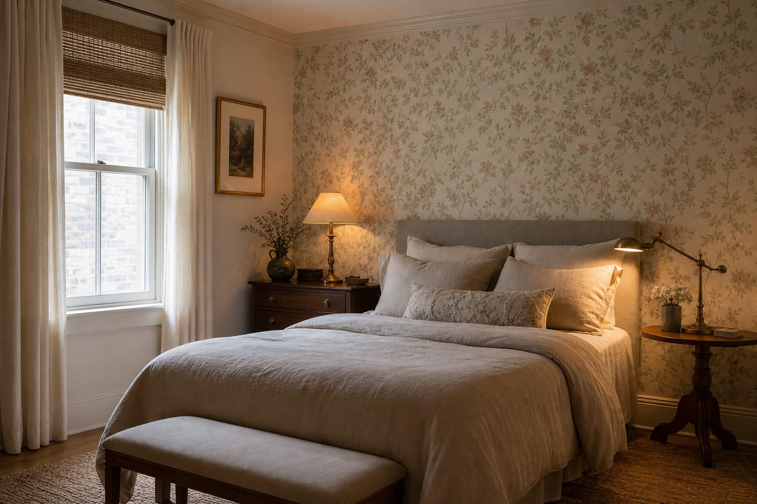 soft patterned removable wallpaper behind a bed with linen bedding, brass lamp, and clean painted trim in a rental bedroom