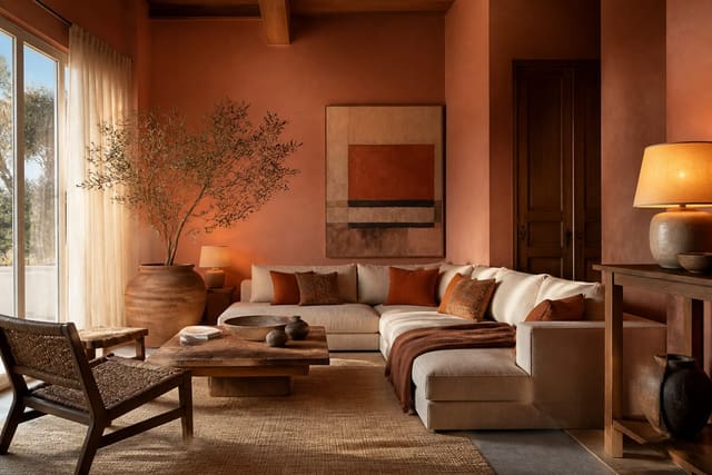 Terracotta Color Interior Ideas in a finished home interior, shown as a warm editorial Re-Design concept
