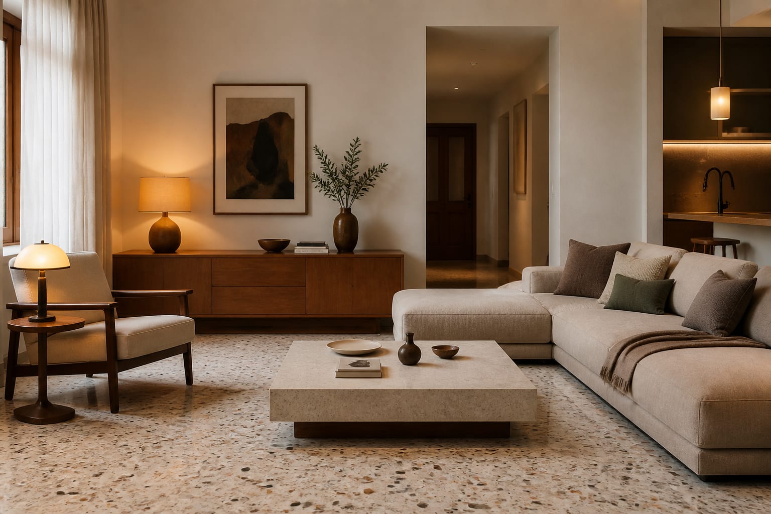 Terrazzo Interior Ideas: The Speckled Surface That Keeps Coming Back, shown as warm editorial Re-Design photography with believable residential scale, no overlaid text, no watermark