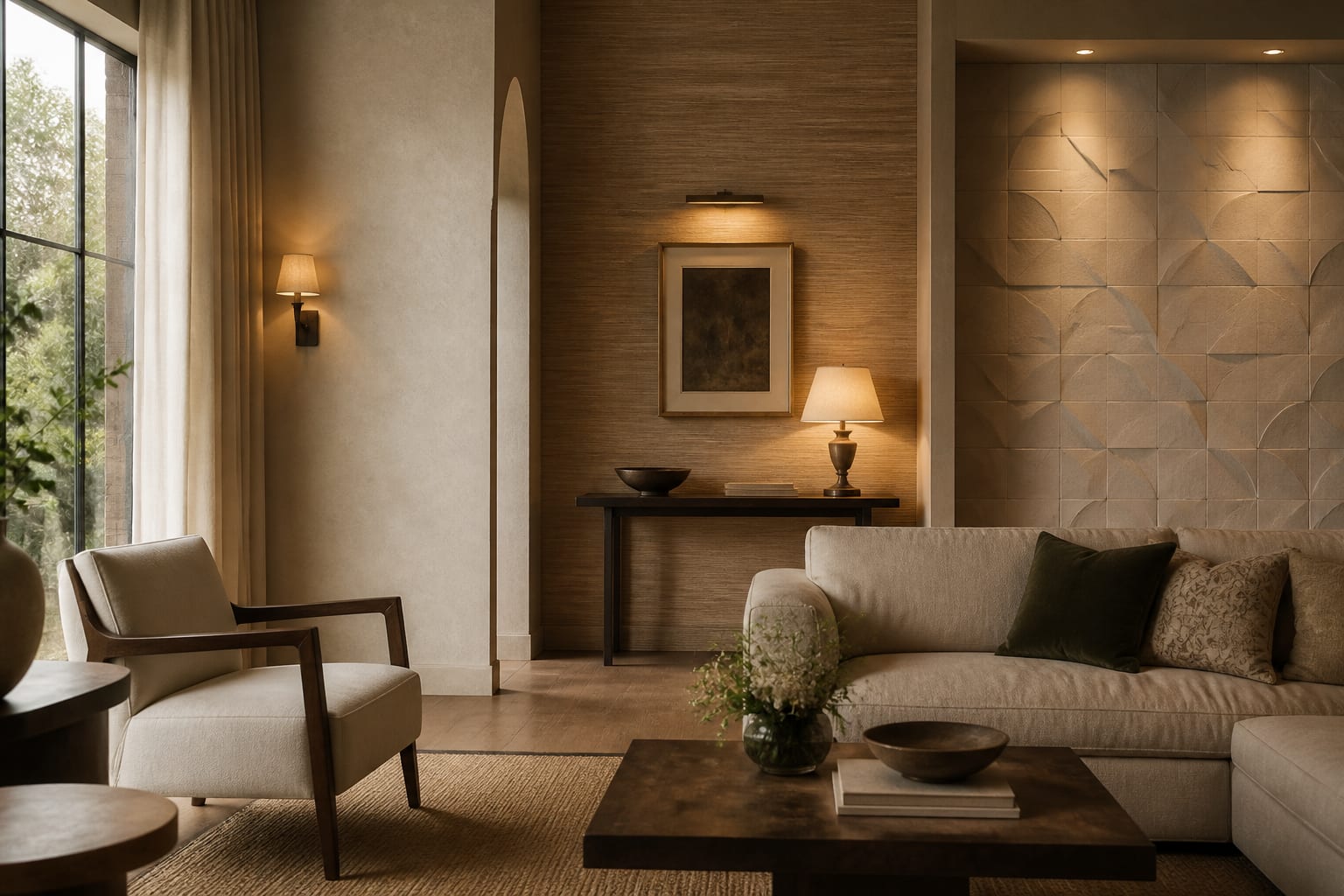 Textured Wall Ideas: Plaster, Grasscloth, and 3D Panels, shown as warm editorial Re-Design photography with believable residential scale, no overlaid text, no watermark