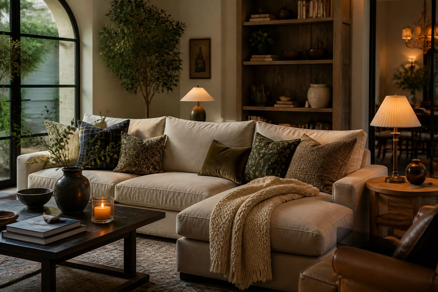 Editorial interior photograph showing throw pillow ideas for a sofa: how to style them in a real whole home, with warm residential materials, layered lighting, functional furniture placement, and a magazine-quality composition.