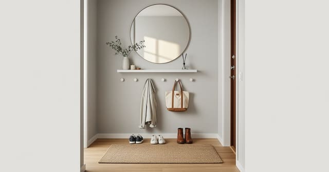 A small apartment entryway zone with wall hooks, a floating shelf, a mirror, and a jute mat