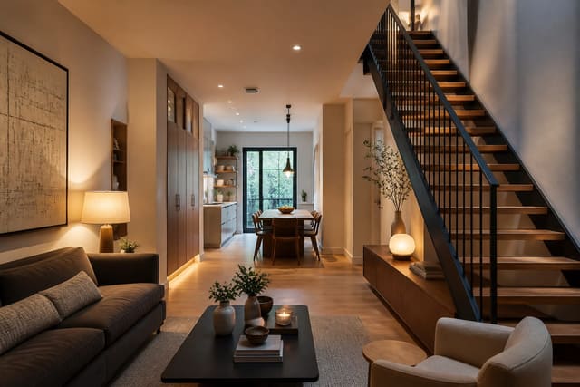 Townhouse Interior Design: Multi-Floor Living Done Right, shown as warm editorial Re-Design photography of a narrow townhouse interior with slim furniture, vertical storage, clear circulation, and warm modern finishes at believable residential scale, no overlaid text, no watermark