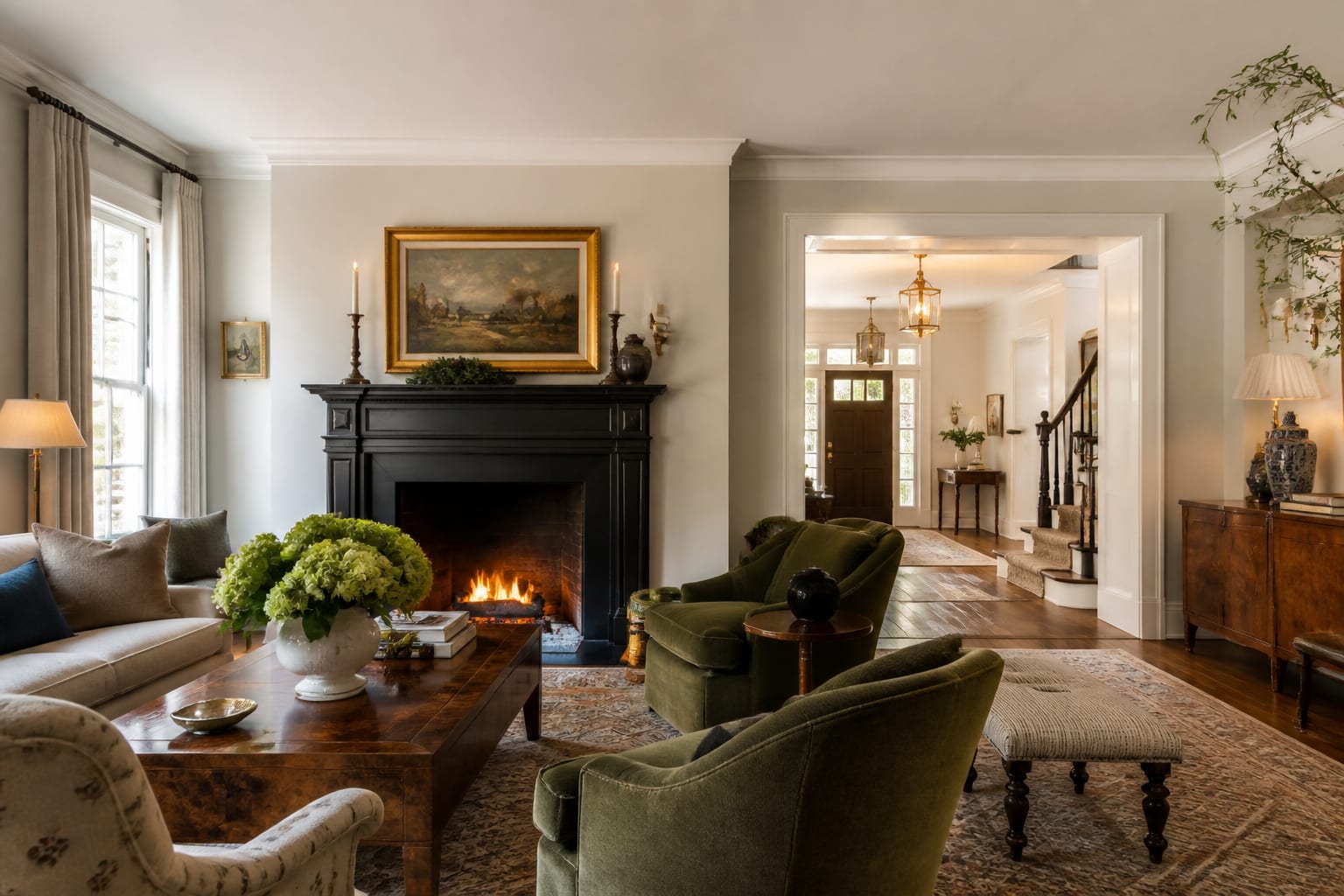 Editorial interior design photograph showing traditional vs transitional design explained in a real whole home, with grandmillennial materials, layered warm lighting, styled furniture, and a magazine-quality residential composition.