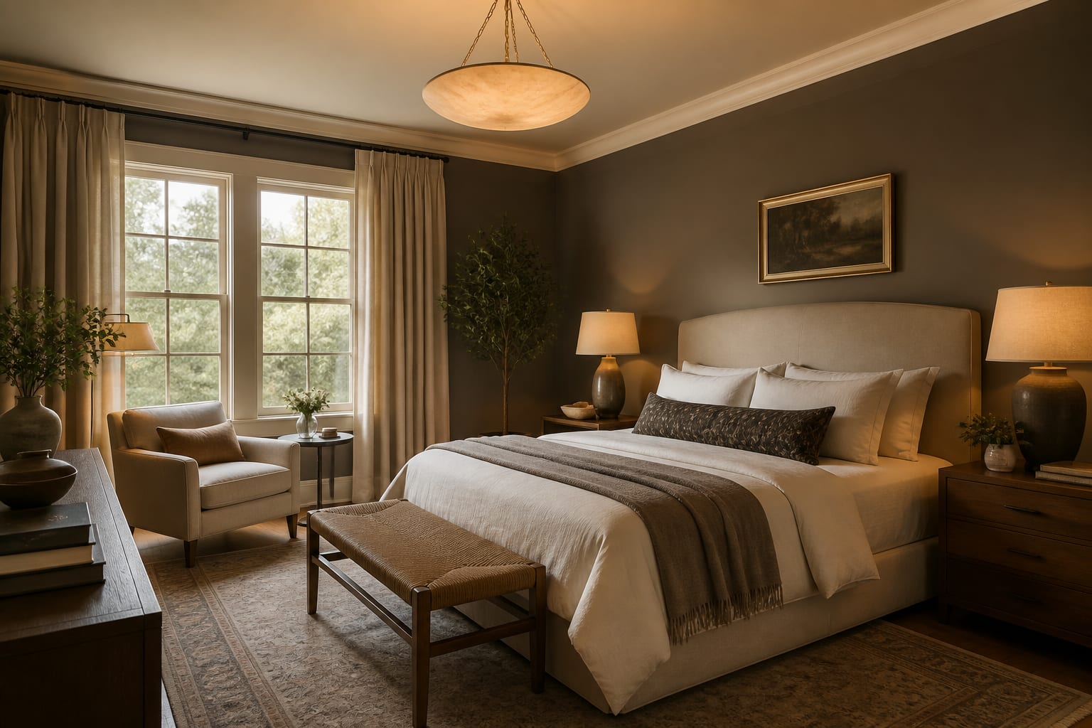 Editorial interior photograph showing transitional bedroom ideas that stay restful in a real bedroom, with transitional materials, layered warm lighting, styled furniture, and a magazine-quality residential composition.