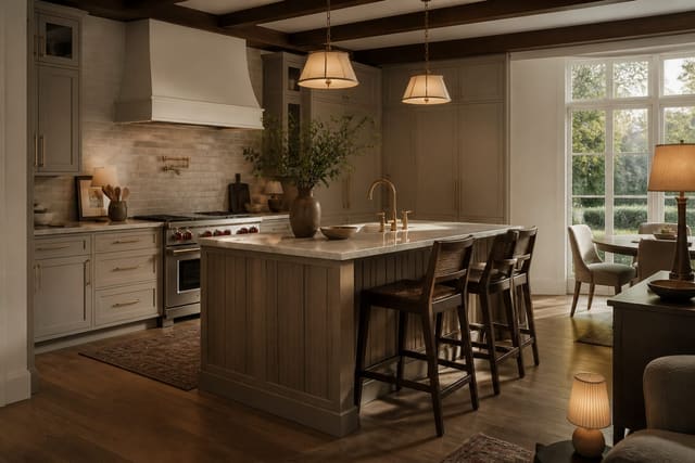 Editorial interior photograph showing transitional kitchen ideas built to last in a real kitchen, with transitional materials, layered warm lighting, styled furniture, and a magazine-quality residential composition.