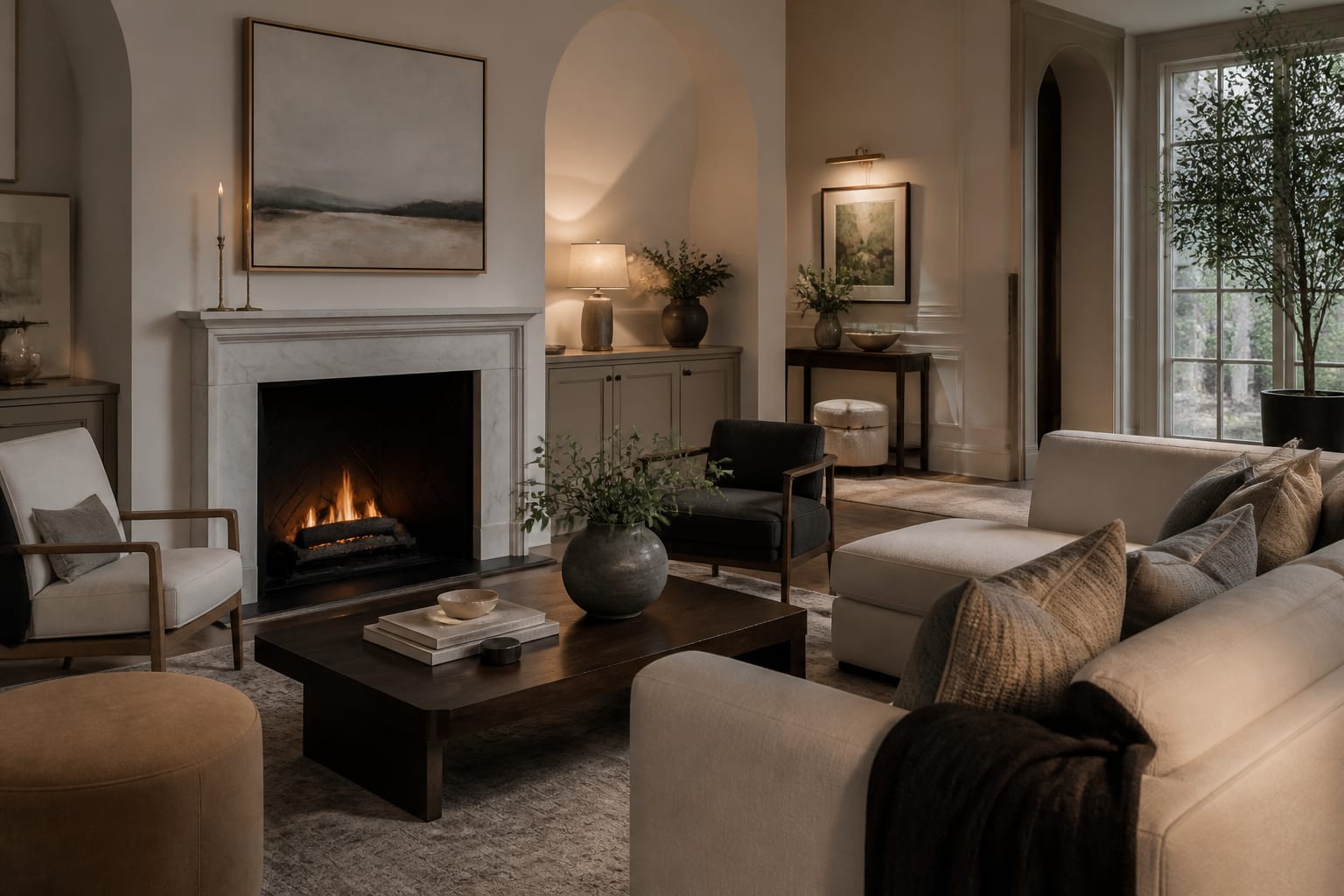 Transitional Living Room Ideas shown as a finished Re-Design editorial room concept