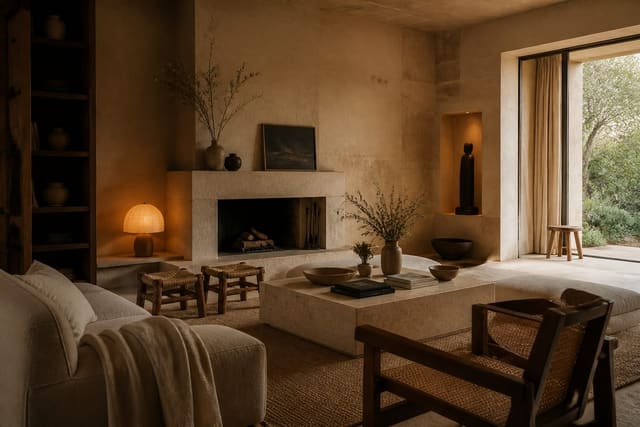 Travertine Interior Design: Earthy, Warm, and Timeless, shown as warm editorial Re-Design photography of a mediterranean editorial residential interior design scene with believable residential scale, no overlaid text, no watermark