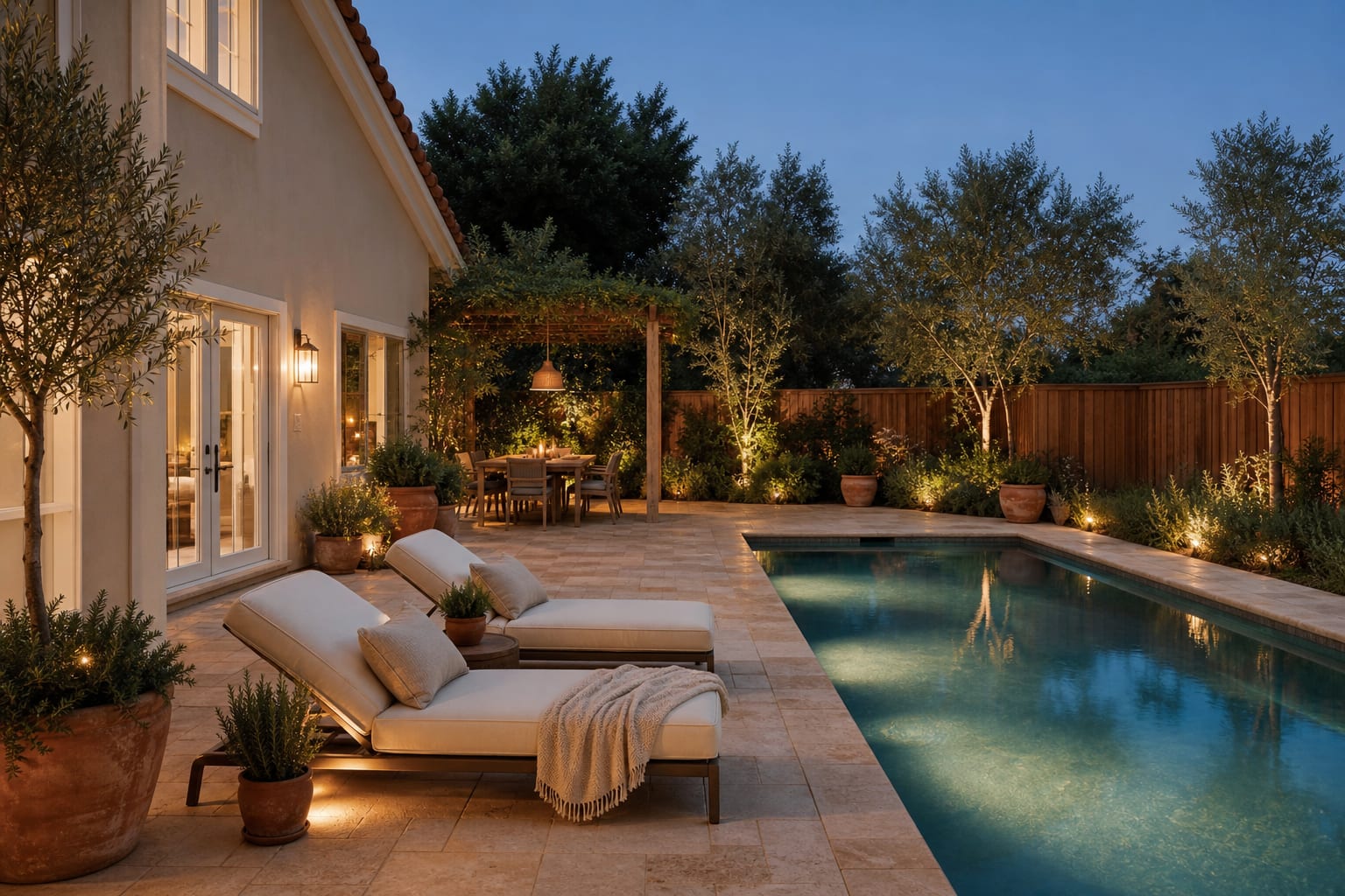 warm travertine pool deck with tumbled pavers, cream loungers, olive trees, terracotta pots, and a shaded dining zone