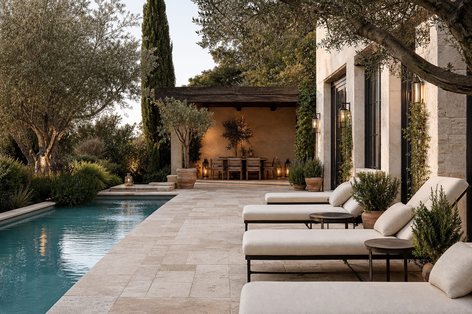 tumbled travertine pool patio with olive trees, cream loungers, and a shaded dining corner beside stucco walls