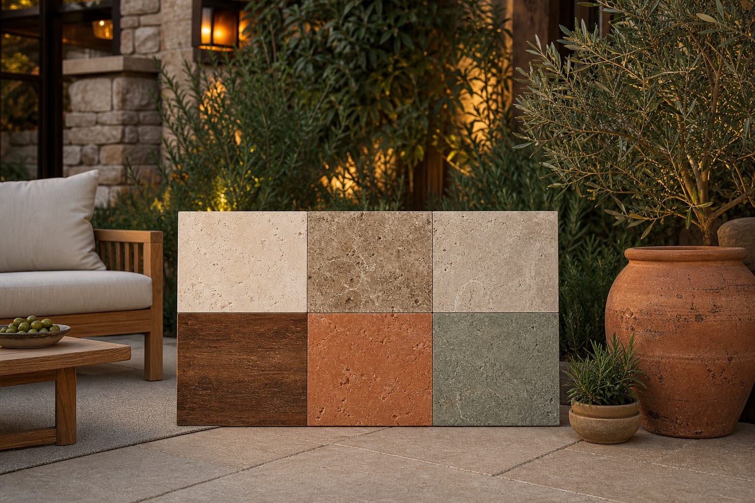 travertine patio sample board showing ivory, walnut, and silver beige stones beside teak, terracotta, and olive foliage