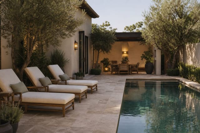 tumbled travertine pool patio with olive trees, cream loungers, and a shaded dining corner beside stucco walls
