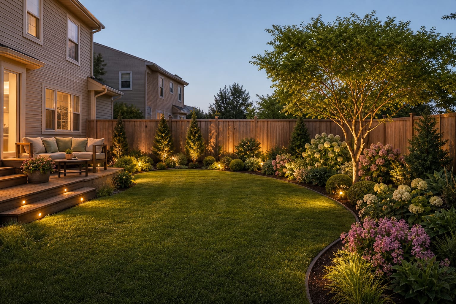 same backyard with layered tree and shrub placement, small ornamental tree, evergreen anchors, curved bed edge, and warm uplighting
