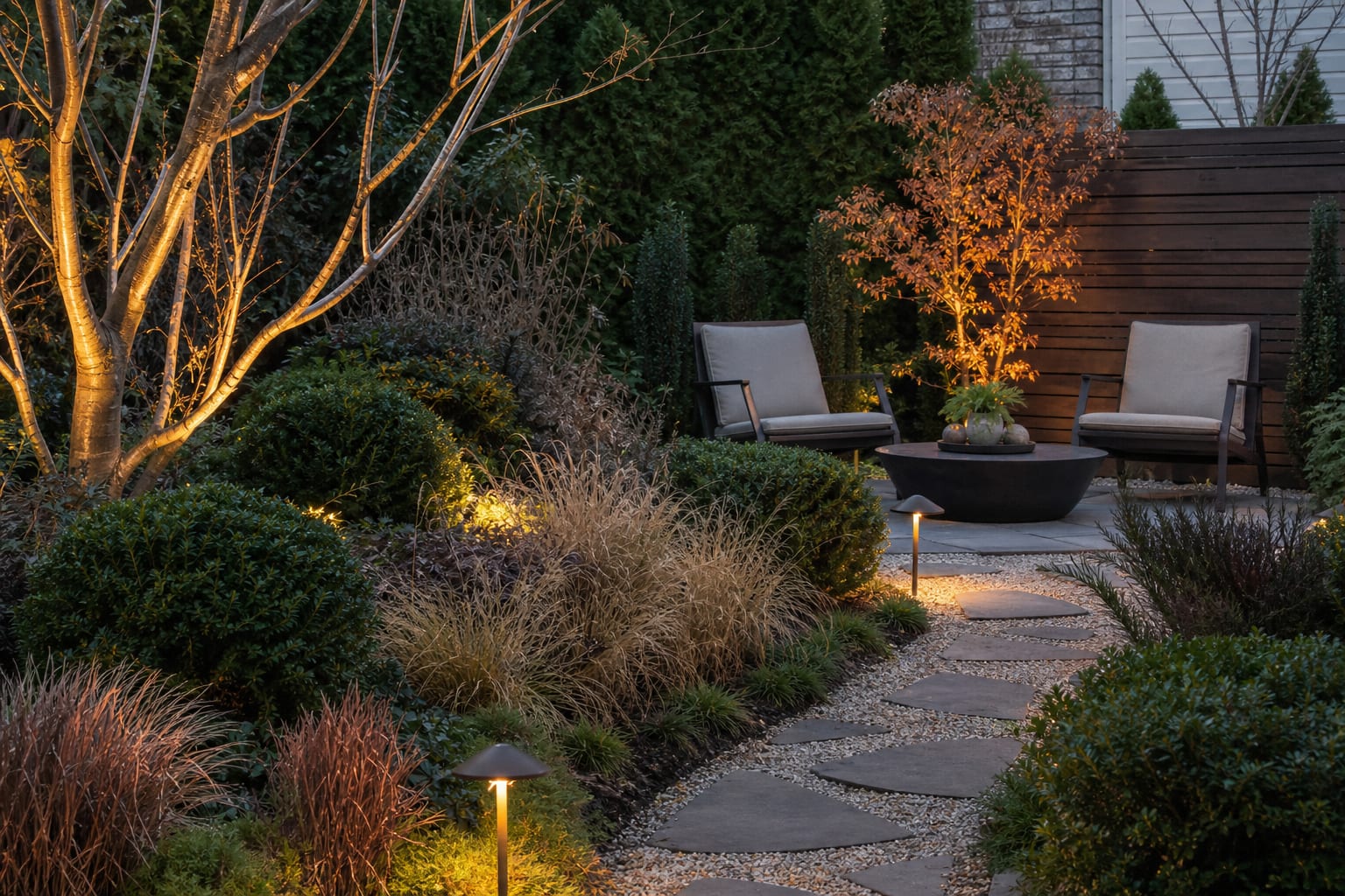 layered garden with ornamental tree, evergreen shrubs, gravel path, and winter-interest planting around a small seating area