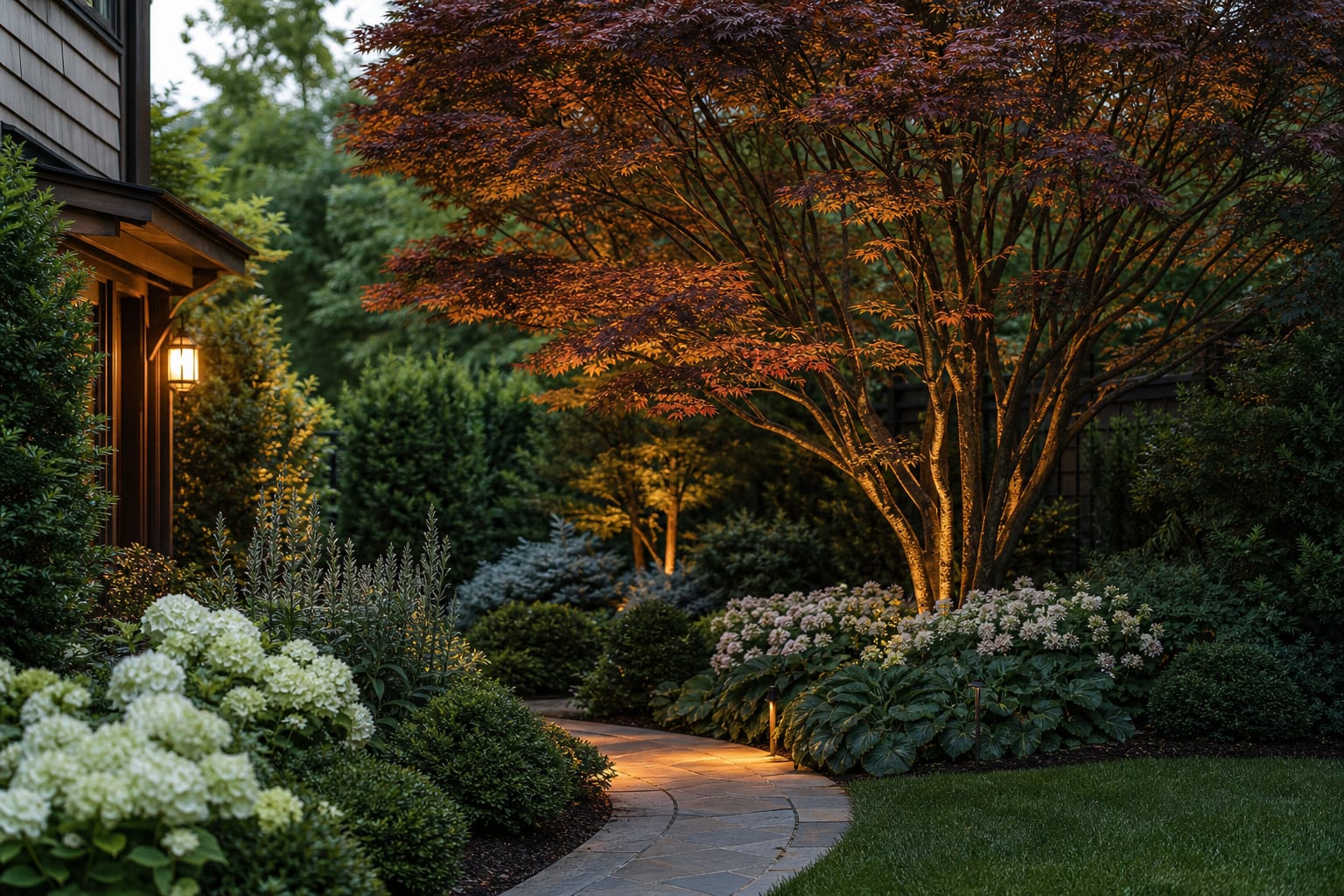 ornamental tree placed near a garden path with layered evergreen and flowering shrubs beneath the canopy
