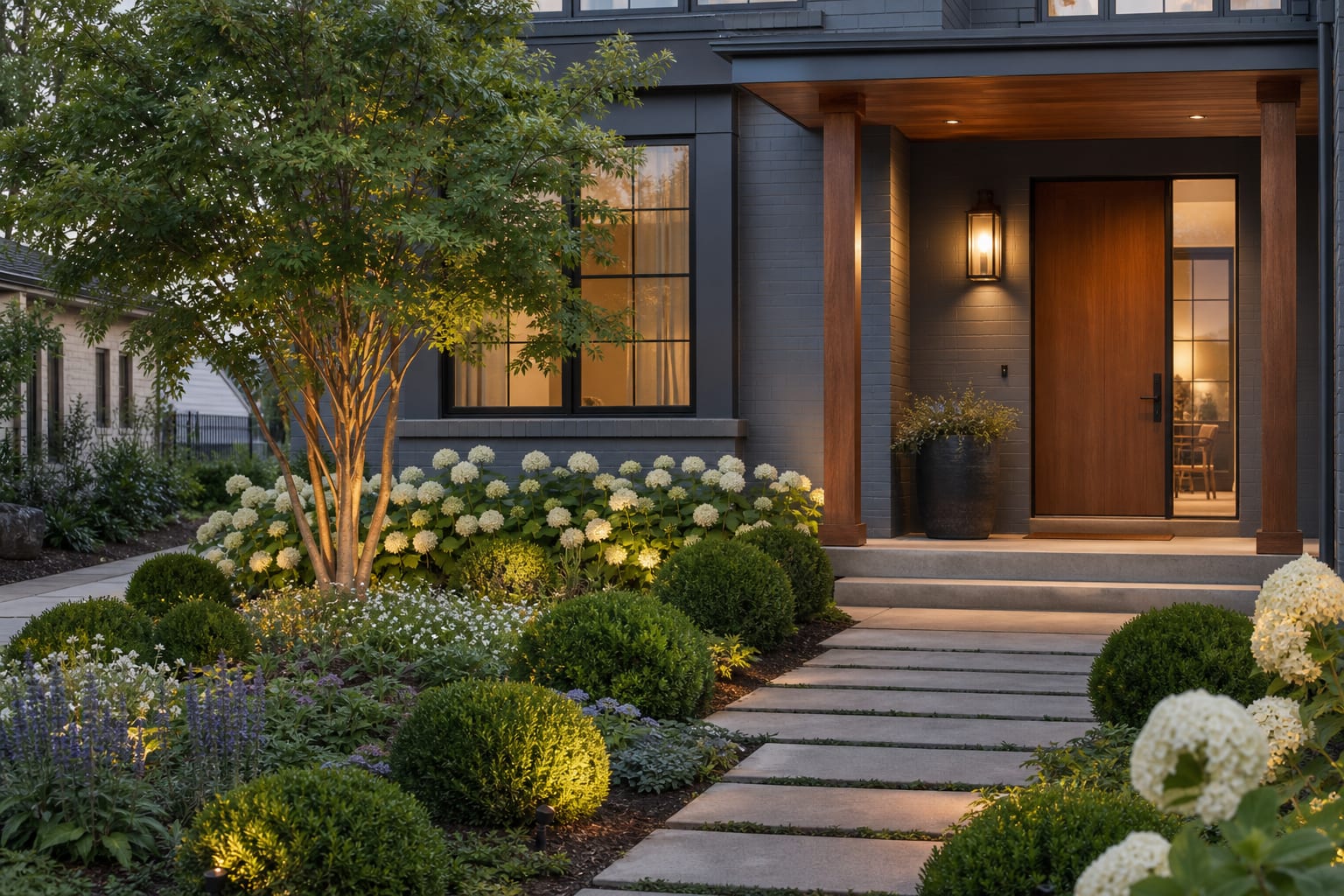 front garden with small tree, repeated evergreen shrubs, flowering understory plants, and a clear path to the door