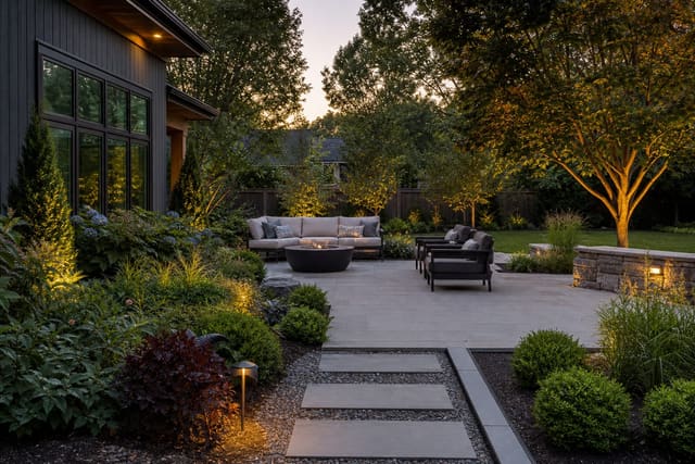 Tree and Shrub Placement Ideas: A Tree and Shrub Placement Guide for Structure and Year-Round Interest shown as a photorealistic outdoor redesign with layered materials, planting, lighting, and clear circulation