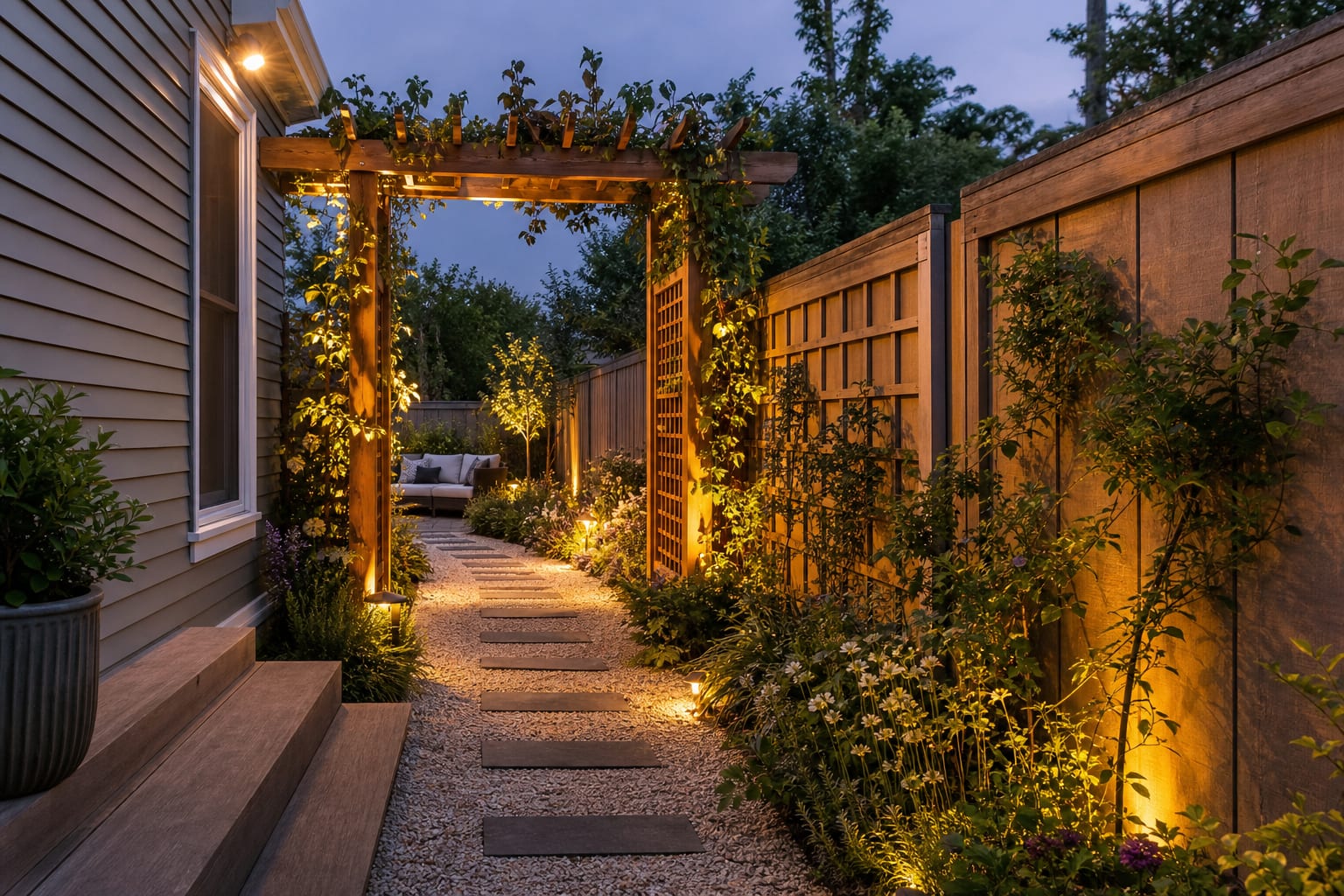 same path with a timber arbor, trellis panels, climbing vines, layered border planting, and warm path lighting