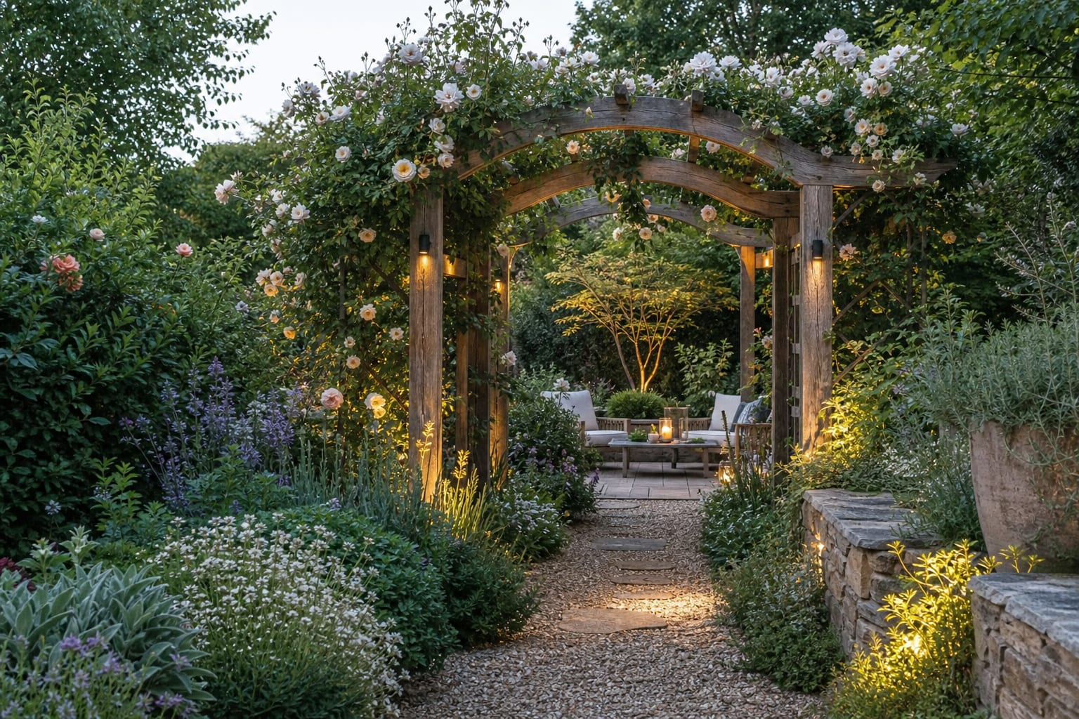 arched timber arbor over a gravel garden path with climbing roses, layered perennials, and a small seating view beyond
