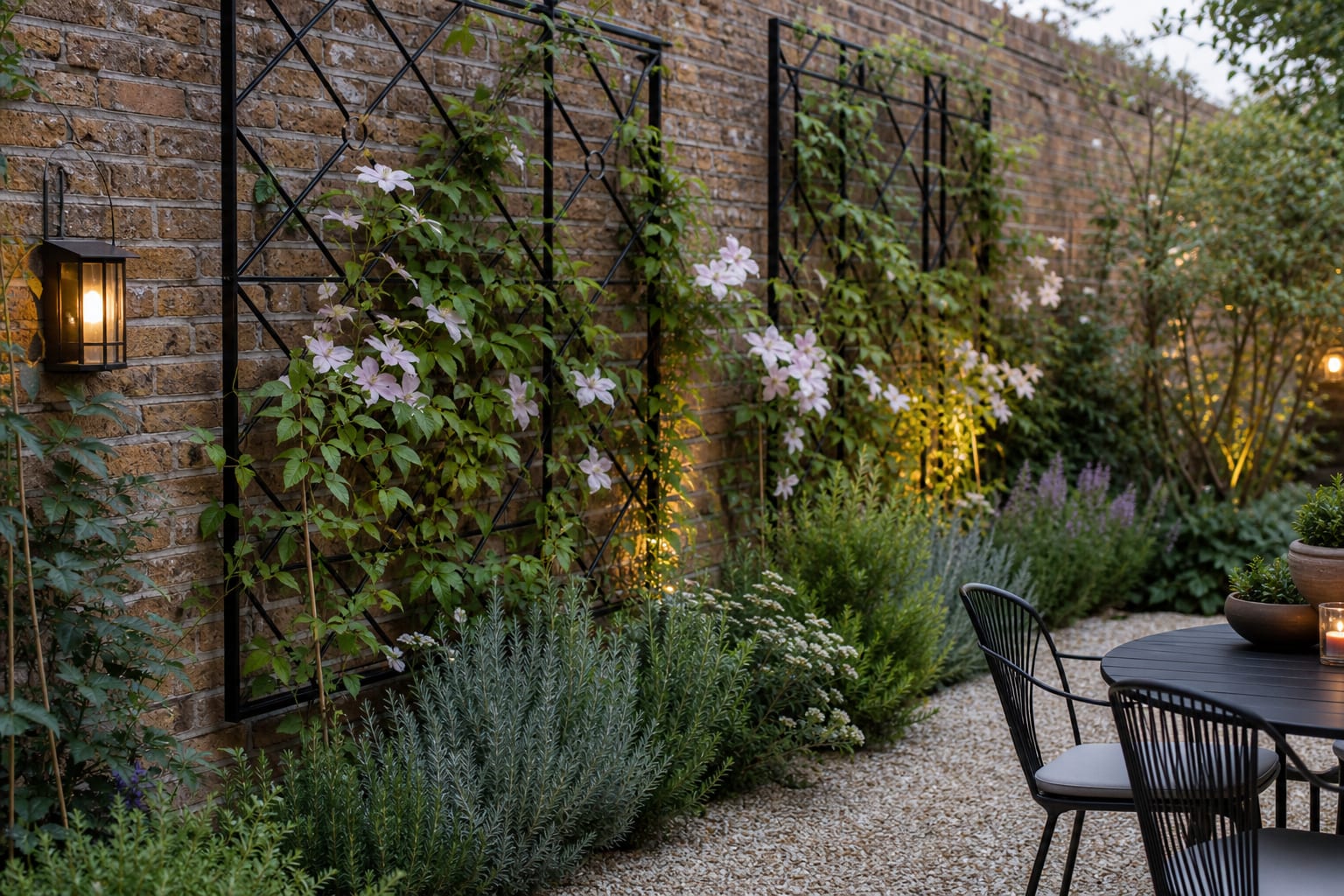 black metal trellis panels against a warm brick garden wall with clematis, gravel path, and layered herbs below