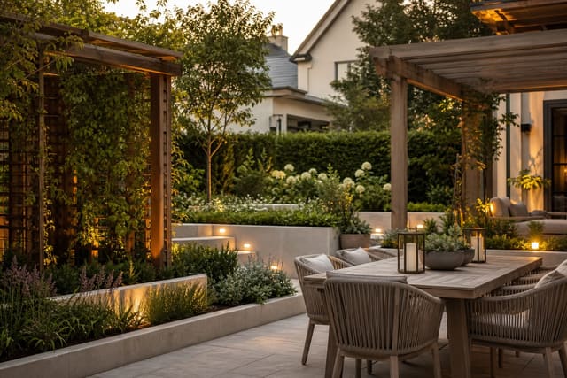 Trellis and Arbor Ideas: Vertical Structure for Gardens shown as a photorealistic outdoor redesign with layered materials, planting, lighting, and clear circulation
