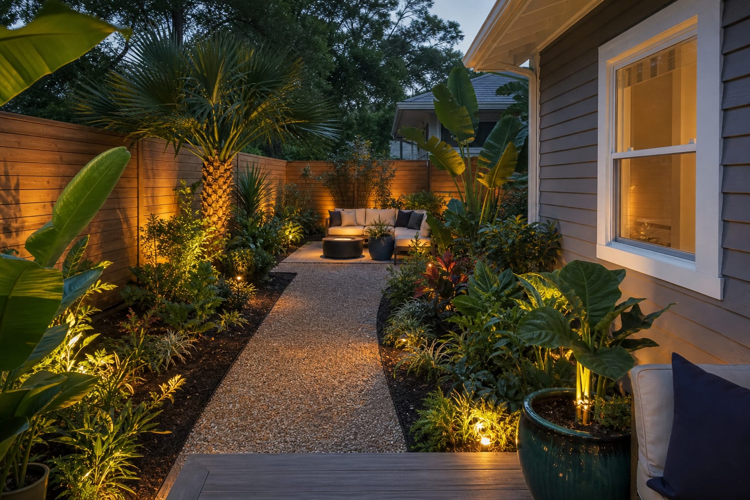 Same backyard redesigned with banana leaves, cannas, ferns, gravel path, shaded seating, and large glazed planters.