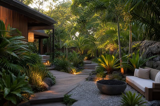 Tropical Garden Ideas: Lush, Exotic Plants for Any Climate shown as a photorealistic outdoor redesign with layered materials, planting, lighting, and clear circulation