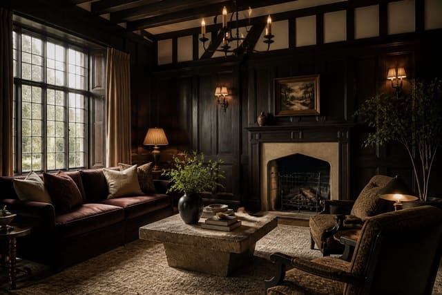 Tudor Interior Design Ideas: Dark Wood and Real Drama, shown as warm editorial Re-Design photography with believable residential scale, natural light, clear material detail, no overlaid text, no watermark